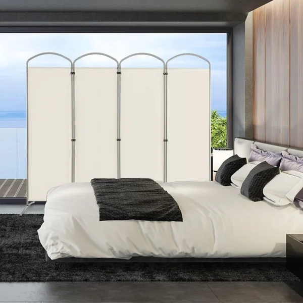 Paravent de Confidentialité Pliant à 4 Panneaux Séparateur de Pièce de 188 Cm de Haut Séparateur d'Écran en Tissu Autoportant Blanc