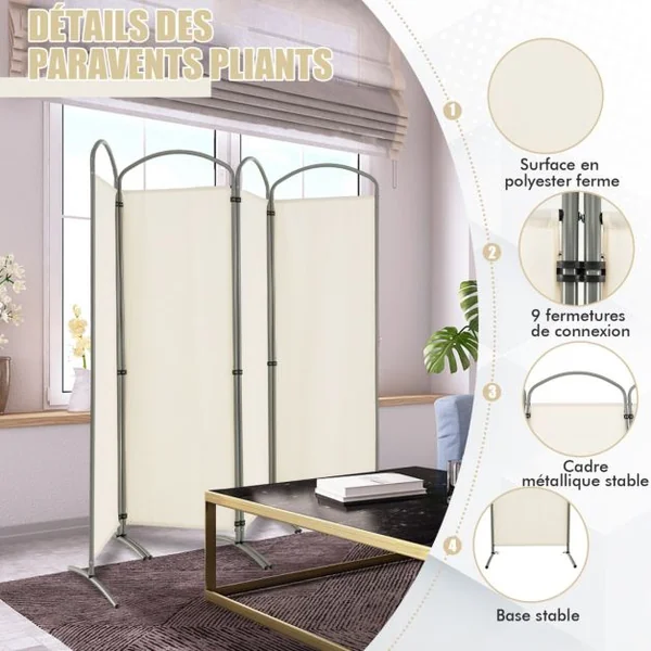 Paravent de Confidentialité Pliant à 4 Panneaux Séparateur de Pièce de 188 Cm de Haut Séparateur d'Écran en Tissu Autoportant Blanc