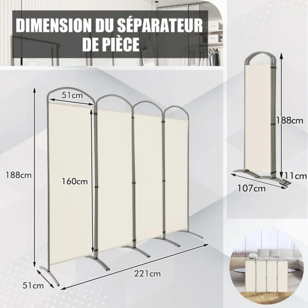Paravent de Confidentialité Pliant à 4 Panneaux Séparateur de Pièce de 188 Cm de Haut Séparateur d'Écran en Tissu Autoportant Blanc