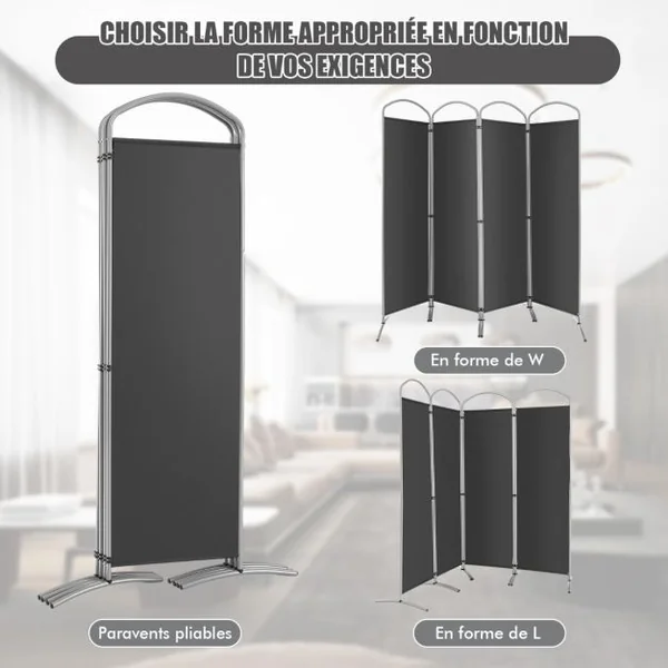 Paravent de Confidentialité Pliant à 4 Panneaux Séparateur de Pièce de 188 Cm de Haut Séparateur d'Écran en Tissu Autoportant Gris