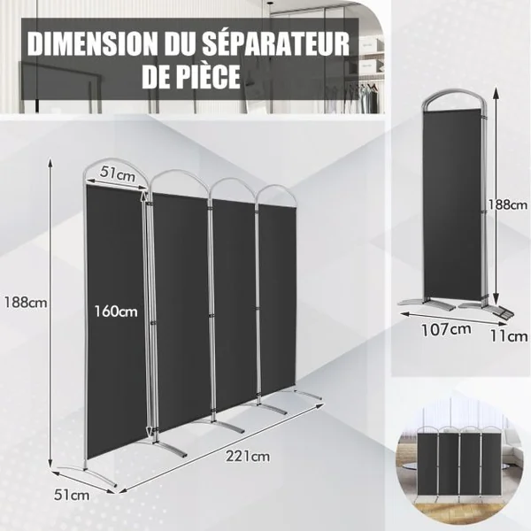 Paravent de Confidentialité Pliant à 4 Panneaux Séparateur de Pièce de 188 Cm de Haut Séparateur d'Écran en Tissu Autoportant Gris