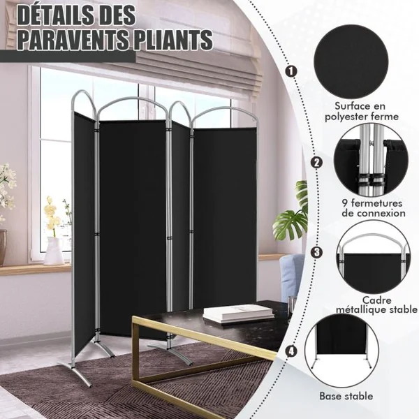 Paravent de Confidentialité Pliant à 4 Panneaux Séparateur de Pièce de 188 Cm de Haut Séparateur d'Écran en Tissu Autoportant Noir
