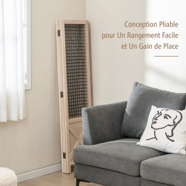 Paravent Grillagé à 4 Panneaux Pliable Séparateur de Pièce Décoratif en Bois Séparateur de Pièce Autoportant et Portable Naturel