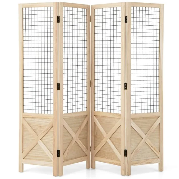 Paravent Grillagé à 4 Panneaux Pliable Séparateur de Pièce Décoratif en Bois Séparateur de Pièce Autoportant et Portable Naturel