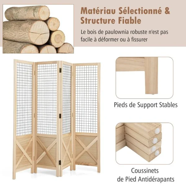 Paravent Grillagé à 4 Panneaux Pliable Séparateur de Pièce Décoratif en Bois Séparateur de Pièce Autoportant et Portable Naturel