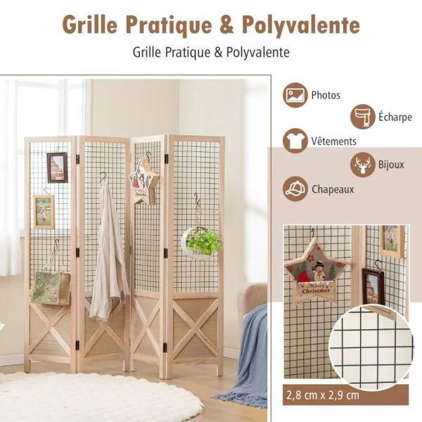 Paravent Grillagé à 4 Panneaux Pliable Séparateur de Pièce Décoratif en Bois Séparateur de Pièce Autoportant et Portable Naturel