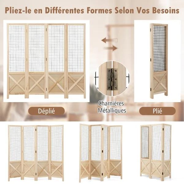 Paravent Grillagé à 4 Panneaux Pliable Séparateur de Pièce Décoratif en Bois Séparateur de Pièce Autoportant et Portable Naturel