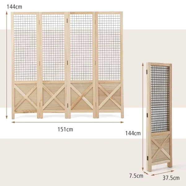 Paravent Grillagé à 4 Panneaux Pliable Séparateur de Pièce Décoratif en Bois Séparateur de Pièce Autoportant et Portable Naturel