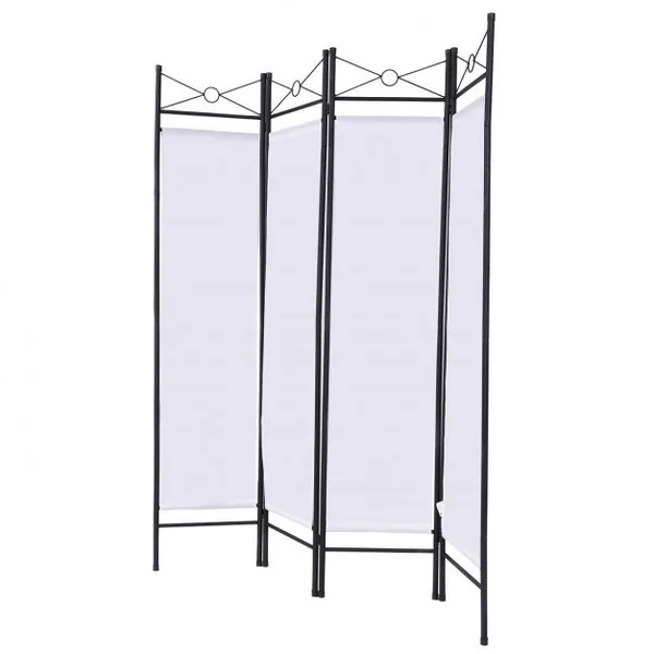 Paravent intérieur Séparateur de pièce avec cadre en fer forgé et toile polyester, 4 Panneaux Pliables, 180x160cm, Noir