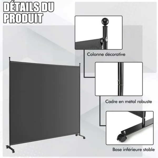Paravent pour l'Intérieur & l'Extérieur- 184 x 184 CM à Roulettes Écran de Confidentialité Brise Vue Balcon / Jardin Gris