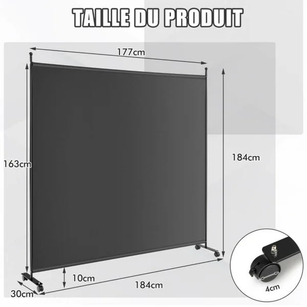 Paravent pour l'Intérieur & l'Extérieur- 184 x 184 CM à Roulettes Écran de Confidentialité Brise Vue Balcon / Jardin Gris