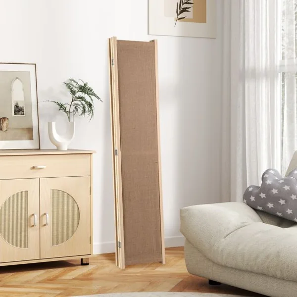 Paravent à 4 Panneaux en Lin Synthétique avec Sacs de Rangement Écran de Confidentialité Pliable avec Crochets Séparateur Autonome Beige
