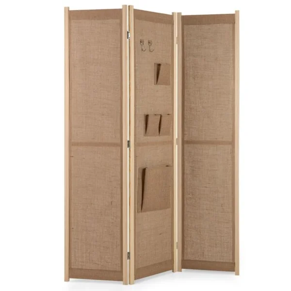 Paravent à 4 Panneaux en Lin Synthétique avec Sacs de Rangement Écran de Confidentialité Pliable avec Crochets Séparateur Autonome Beige