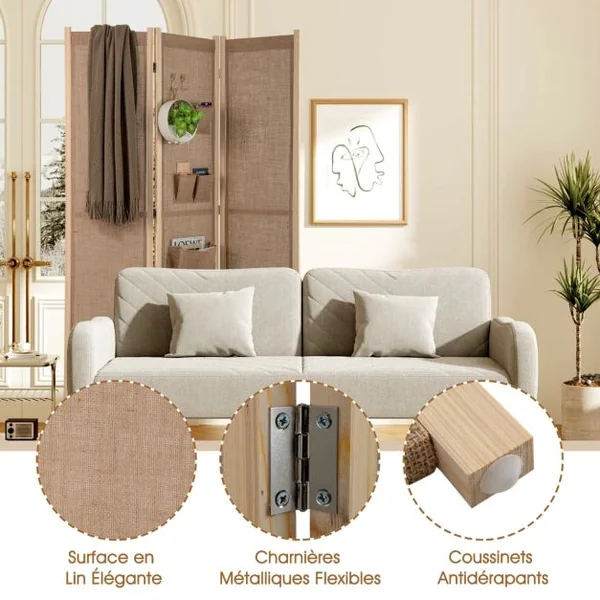 Paravent à 4 Panneaux en Lin Synthétique avec Sacs de Rangement Écran de Confidentialité Pliable avec Crochets Séparateur Autonome Beige