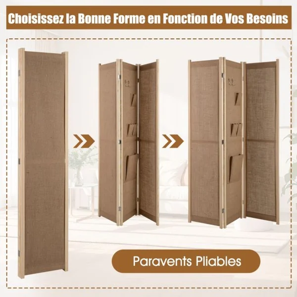 Paravent à 4 Panneaux en Lin Synthétique avec Sacs de Rangement Écran de Confidentialité Pliable avec Crochets Séparateur Autonome Beige