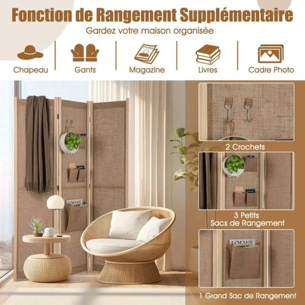 Paravent à 4 Panneaux en Lin Synthétique avec Sacs de Rangement Écran de Confidentialité Pliable avec Crochets Séparateur Autonome Beige