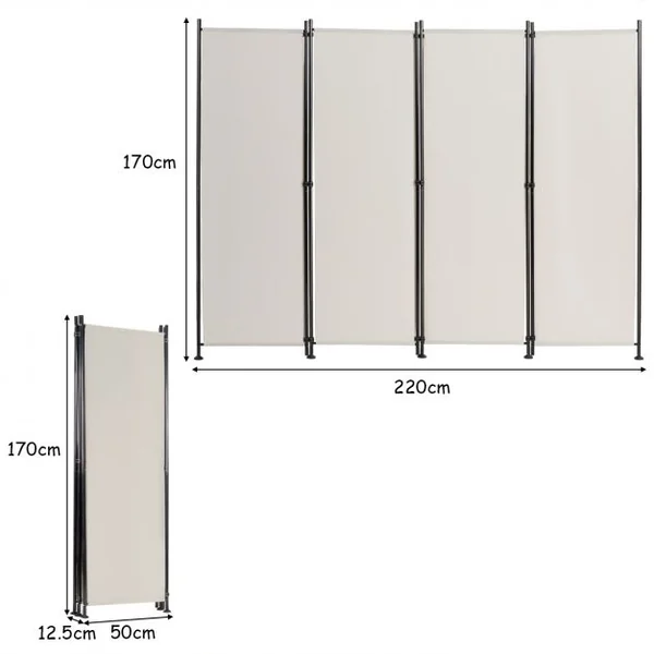 Paravent à 4 Panneaux Pliable Cloison de Séparation 220x170cm Pieds Réglable Beige