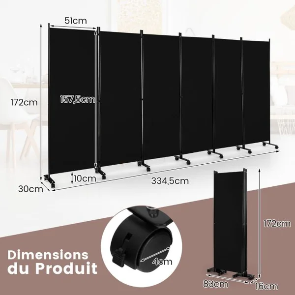 Paravent à Roulette - 6 Panneaux Pliable Détachables 334,5 x 172 cm (L x H) Cloison de Séparation Protéger Privée Beige/Gris/Café/Noir