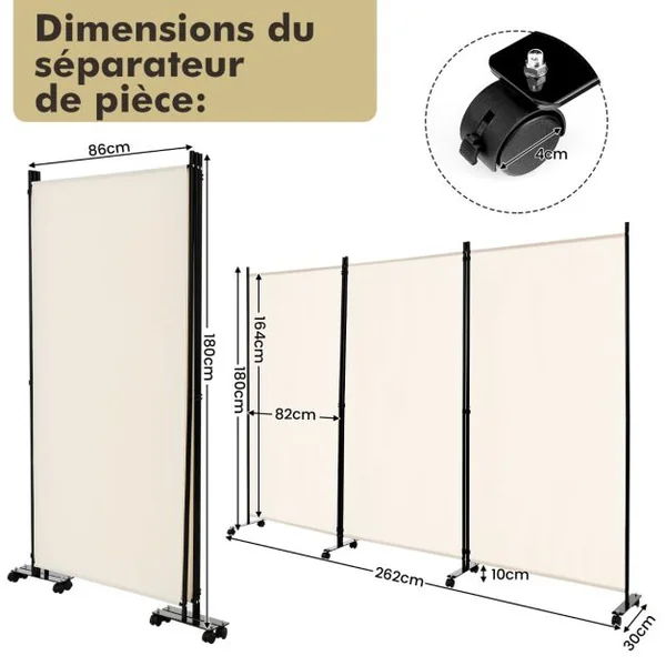 Paravent à Roulette Brise Vue 3 Panneaux Pliable Détachables 262x180CM Cloison de Séparation Protéger Privée Blanc/Café/Gris/Noir/Blanc+Noir