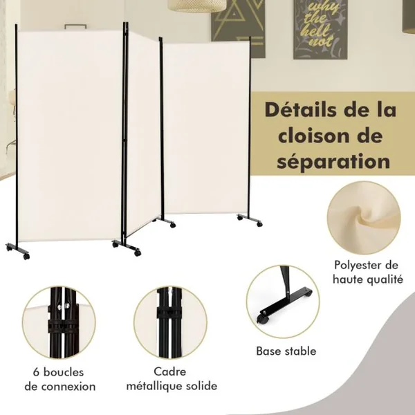 Paravent à Roulette Brise Vue 3 Panneaux Pliable Détachables 262x180CM Cloison de Séparation Protéger Privée Blanc/Café/Gris/Noir/Blanc+Noir