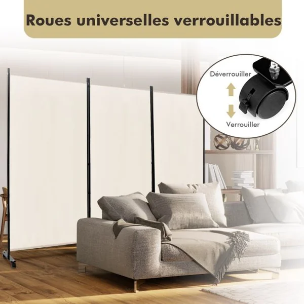Paravent à Roulette Brise Vue 3 Panneaux Pliable Détachables 262x180CM Cloison de Séparation Protéger Privée Blanc/Café/Gris/Noir/Blanc+Noir