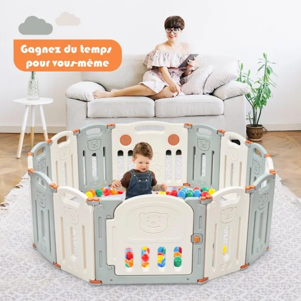 Parc Bébé 14 Panneaux avec Grande Porte Barrière pour Enfants de 3 Mois à 6 Ans en HDPE, 130x139x60 cm, Beige Gris