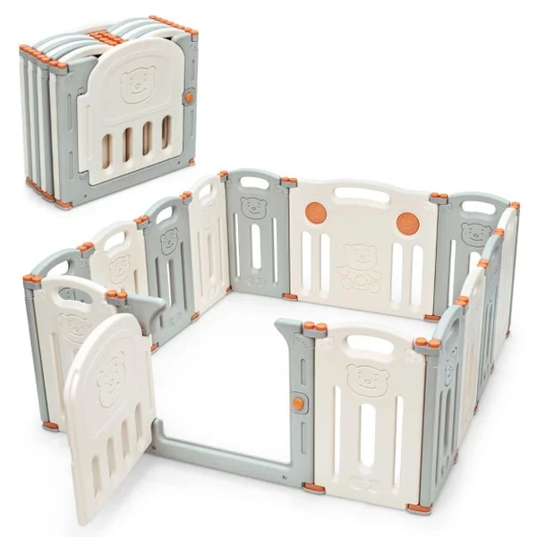 Parc Bébé 14 Panneaux avec Grande Porte Barrière pour Enfants de 3 Mois à 6 Ans en HDPE, 130x139x60 cm, Beige Gris