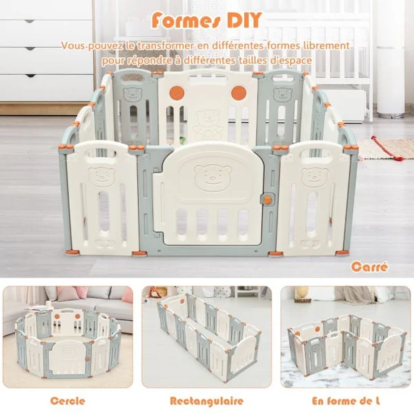 Parc Bébé 14 Panneaux avec Grande Porte Barrière pour Enfants de 3 Mois à 6 Ans en HDPE, 130x139x60 cm, Beige Gris