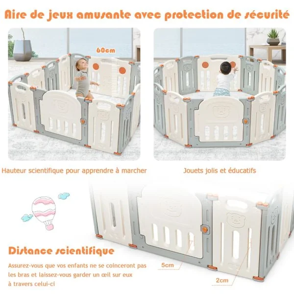 Parc Bébé 14 Panneaux avec Grande Porte Barrière pour Enfants de 3 Mois à 6 Ans en HDPE, 130x139x60 cm, Beige Gris