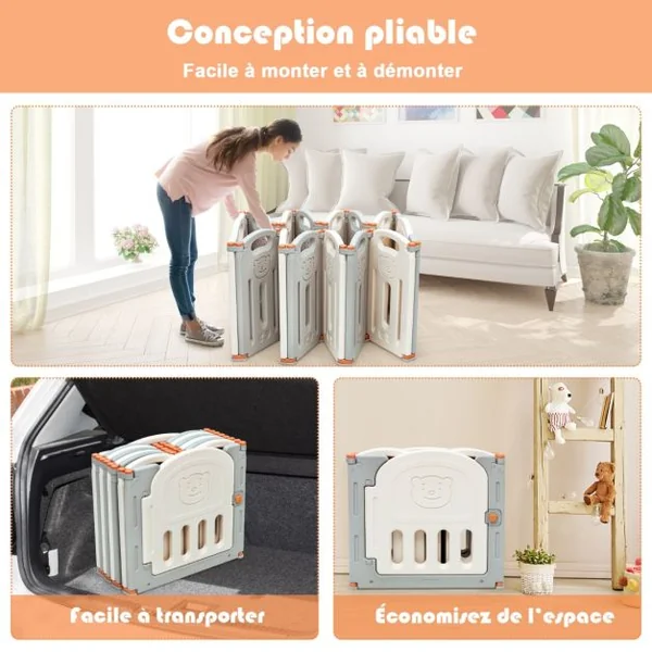 Parc Bébé 14 Panneaux avec Grande Porte Barrière pour Enfants de 3 Mois à 6 Ans en HDPE, 130x139x60 cm, Beige Gris