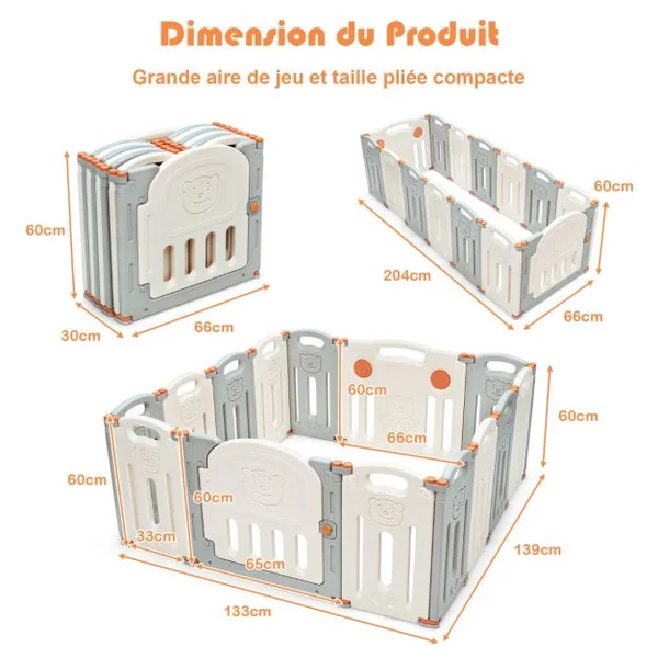 Parc Bébé 14 Panneaux avec Grande Porte Barrière pour Enfants de 3 Mois à 6 Ans en HDPE, 130x139x60 cm, Beige Gris