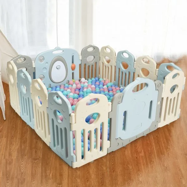 Parc Bébé 14 Panneaux Pliables et Jouets Barrière pour Enfants de 3 Mois à 6 Ans en HDPE, 64x41x3,5cm, Beige Gris Bleu