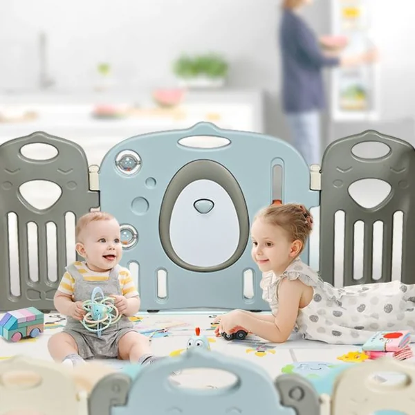 Parc Bébé 14 Panneaux Pliables et Jouets Barrière pour Enfants de 3 Mois à 6 Ans en HDPE, 64x41x3,5cm, Beige Gris Bleu