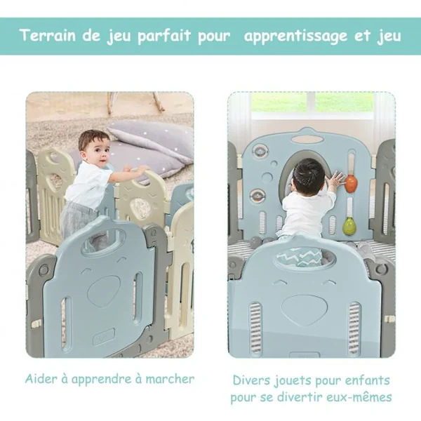 Parc Bébé 14 Panneaux Pliables et Jouets Barrière pour Enfants de 3 Mois à 6 Ans en HDPE, 64x41x3,5cm, Beige Gris Bleu