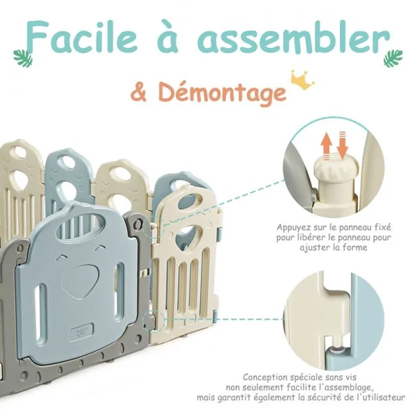 Parc Bébé 14 Panneaux Pliables et Jouets Barrière pour Enfants de 3 Mois à 6 Ans en HDPE, 64x41x3,5cm, Beige Gris Bleu