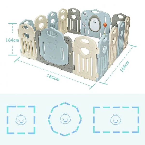 Parc Bébé 14 Panneaux Pliables et Jouets Barrière pour Enfants de 3 Mois à 6 Ans en HDPE, 64x41x3,5cm, Beige Gris Bleu