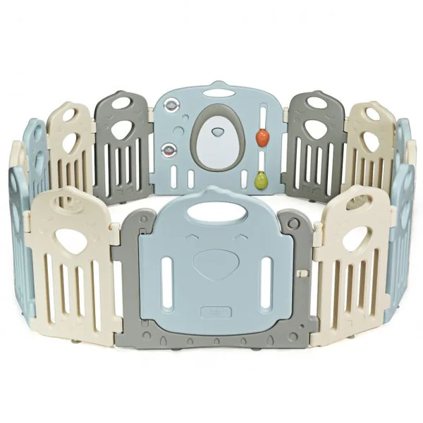 Parc Bébé 14 Panneaux Pliables et Jouets Barrière pour Enfants de 3 Mois à 6 Ans en HDPE, 64x41x3,5cm, Beige Gris Bleu