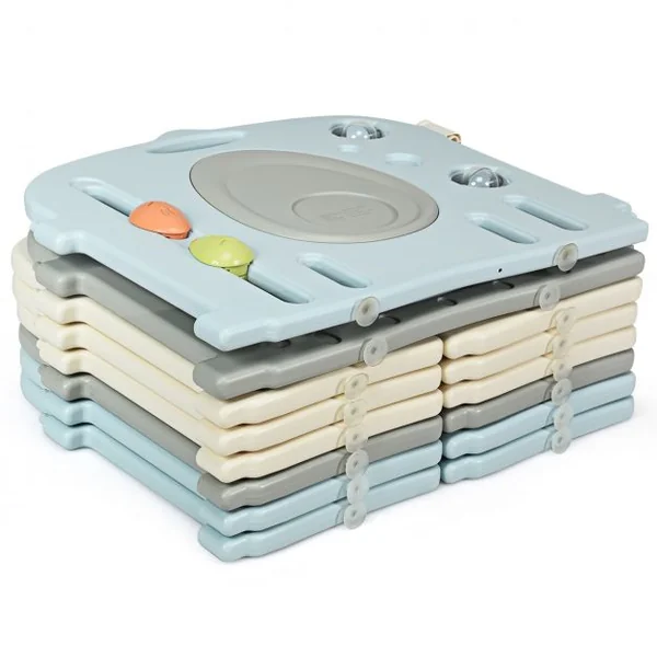 Parc Bébé 14 Panneaux Pliables et Jouets Barrière pour Enfants de 3 Mois à 6 Ans en HDPE, 64x41x3,5cm, Beige Gris Bleu