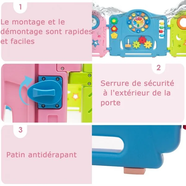 Parc Bébé avec 14 Panneaux en Plastique avec Verrou de Sécurité et d’Adorables 6 Mois à 6 Ans