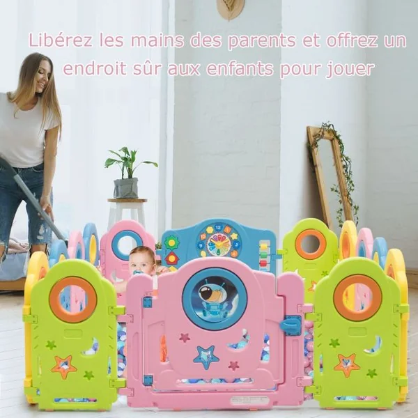 Parc Bébé avec 14 Panneaux en Plastique avec Verrou de Sécurité et d’Adorables 6 Mois à 6 Ans