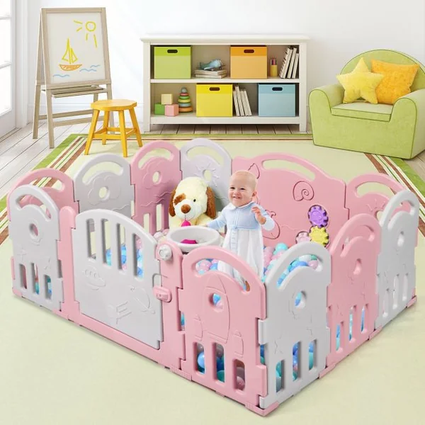 Parc Bébé Pliable 12 Panneaux avec Porte et Boîte à Musique Plateau Tournant pour Enfants de 6 à 36 Mois en HDPE Rose