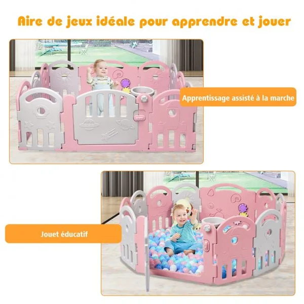 Parc Bébé Pliable 12 Panneaux avec Porte et Boîte à Musique Plateau Tournant pour Enfants de 6 à 36 Mois en HDPE Rose