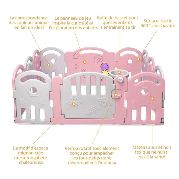 Parc Bébé Pliable 12 Panneaux avec Porte et Boîte à Musique Plateau Tournant pour Enfants de 6 à 36 Mois en HDPE Rose