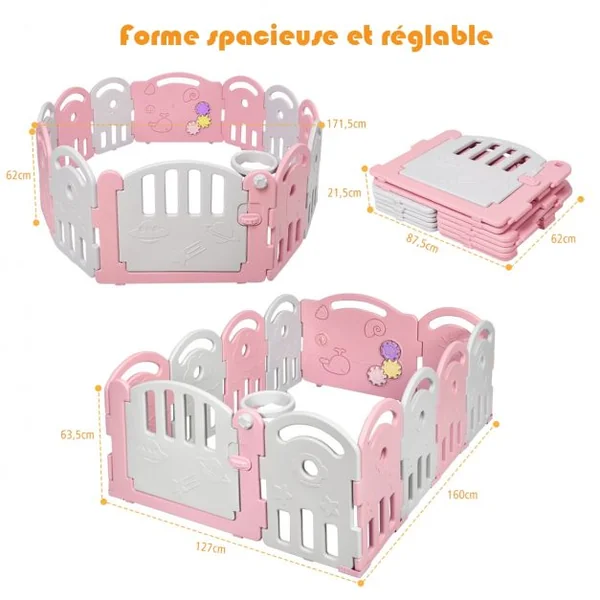 Parc Bébé Pliable 12 Panneaux avec Porte et Boîte à Musique Plateau Tournant pour Enfants de 6 à 36 Mois en HDPE Rose