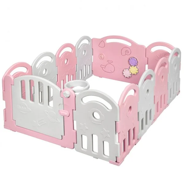 Parc Bébé Pliable 12 Panneaux avec Porte et Boîte à Musique Plateau Tournant pour Enfants de 6 à 36 Mois en HDPE Rose