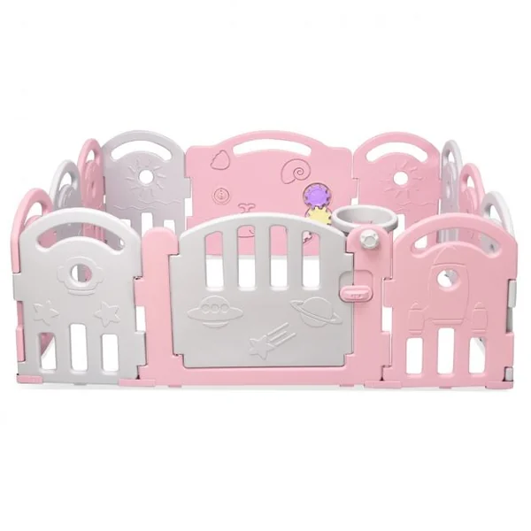 Parc Bébé Pliable 12 Panneaux avec Porte et Boîte à Musique Plateau Tournant pour Enfants de 6 à 36 Mois en HDPE Rose