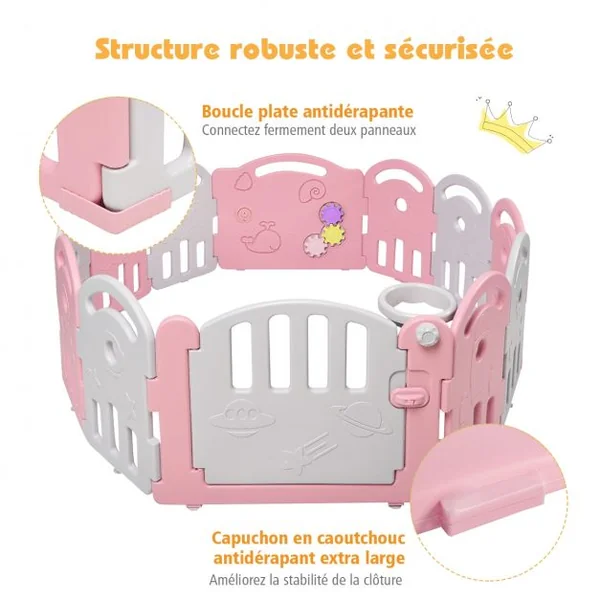 Parc Bébé Pliable 12 Panneaux avec Porte et Boîte à Musique Plateau Tournant pour Enfants de 6 à 36 Mois en HDPE Rose