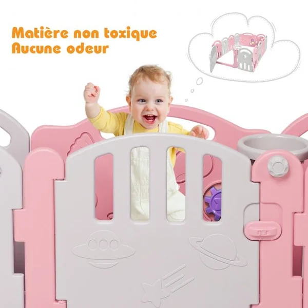 Parc Bébé Pliable 12 Panneaux avec Porte et Boîte à Musique Plateau Tournant pour Enfants de 6 à 36 Mois en HDPE Rose
