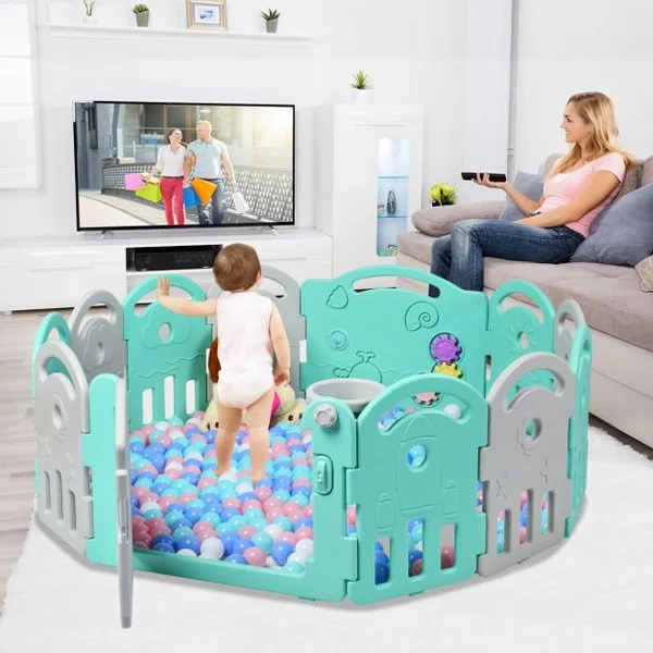 Parc Bébé Pliable 12 Panneaux avec Porte et Boîte à Musique Plateau Tournant pour Enfants de 6 à 36 Mois en HDPE Vert