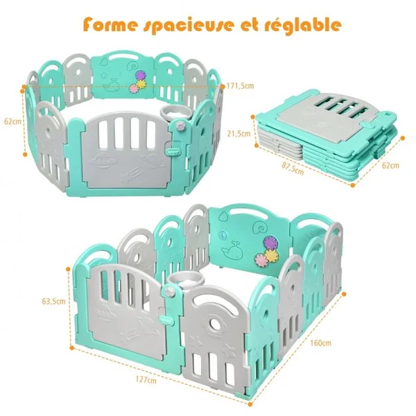 Parc Bébé Pliable 12 Panneaux avec Porte et Boîte à Musique Plateau Tournant pour Enfants de 6 à 36 Mois en HDPE Vert